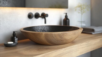 Modern Bathroom Sink Design with Wooden Bowl