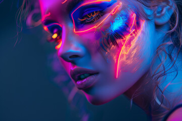 Womans face with neon body art, glowing in pink and blue light