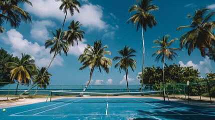 Obraz premium Top Down View of a Tennis Court on a Tropical Beach with Palm Trees and Blue Ocean on a Sunny Day