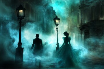 Mysterious silhouettes of a man and woman in a foggy, gaslight-lit street.