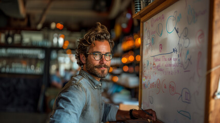 Obraz premium Middle-aged male professor with eyeglasses standing in the classroom, looking at the camera