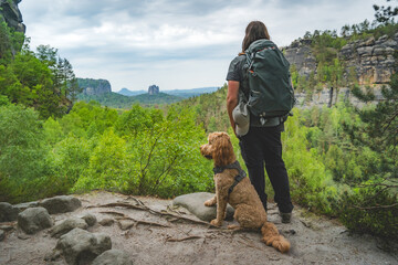 hiker at overlook at falkenstein in saxon switzerland