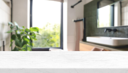 Empty countertop with blurry bathroom background, for design and decoration concepts
