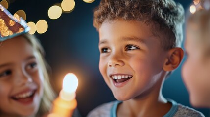 a boy and girl are smiling with birthday hat on