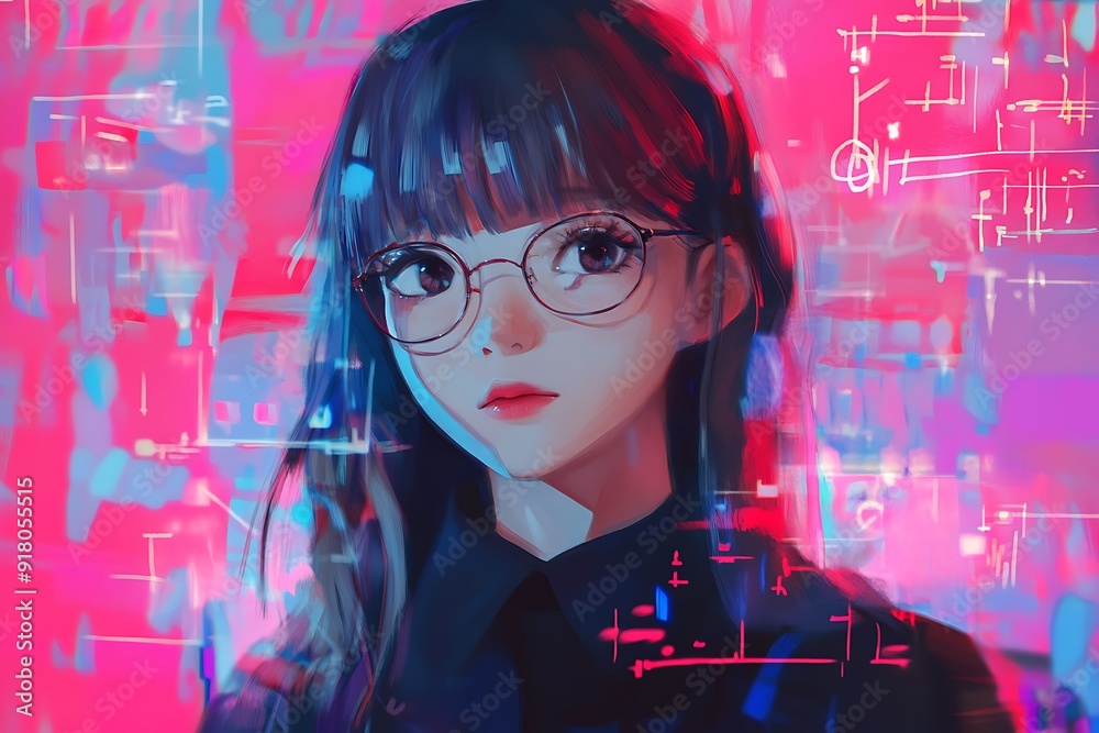 Sticker Anime Girl with Glasses in a Neon Glow.