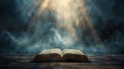 An open Bible with light rays from its pages symbolizes the enlightenment and wisdom of Bible study and prayer, highlighting spiritual illumination.