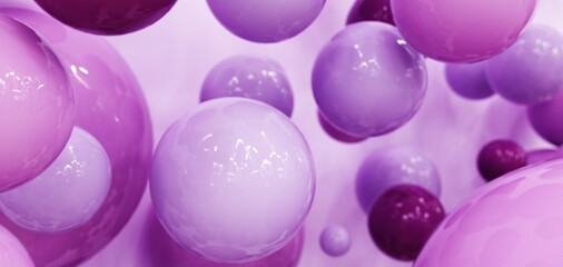 Abstract flying balls - 3D, render. Bright violet illustration with polygonal shapes for web wallpapers, posters, banners. Trendy color bubbles, children toys for technology and advertising.