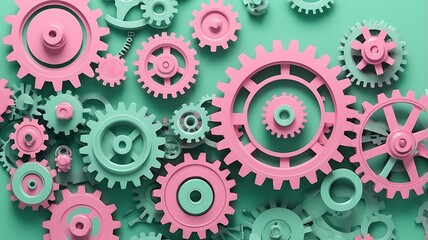 Pink and teal gears interlocked on a pink background, great for technology, engineering, innovation, and teamwork concepts in design projects.