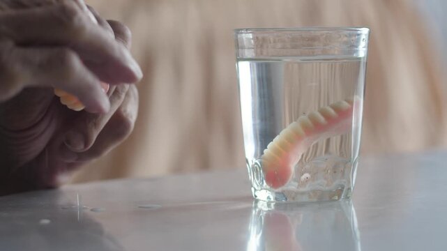 an elderly person's hand takes removable dentures out of a glass and puts them on, removable dentures in a glass with water, tooth loss and prosthetics