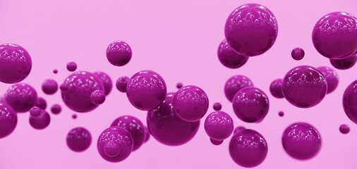 Abstract flying balls - 3D, render. Bright violet illustration with polygonal shapes for web wallpapers, posters, banners. Trendy color bubbles, children toys for technology and advertising.