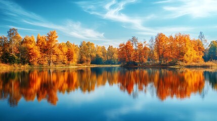 Obraz premium A calm lake reflecting the brilliant hues of autumn trees along its shore, with ample space in the sky for adding text