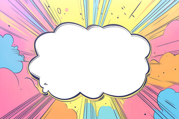 Empty speech bubble. Comics speech bubble for text. White empty dialog cloud on bright pink background with zoom lines and halftone.