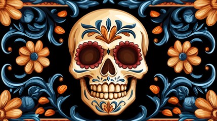 Naklejka premium a skull with floral pattern on black background