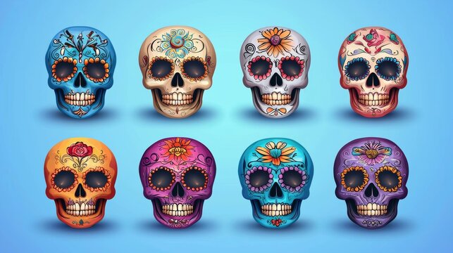 set of colorful sugar skulls