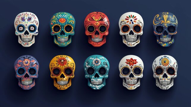 a set of colorful skulls