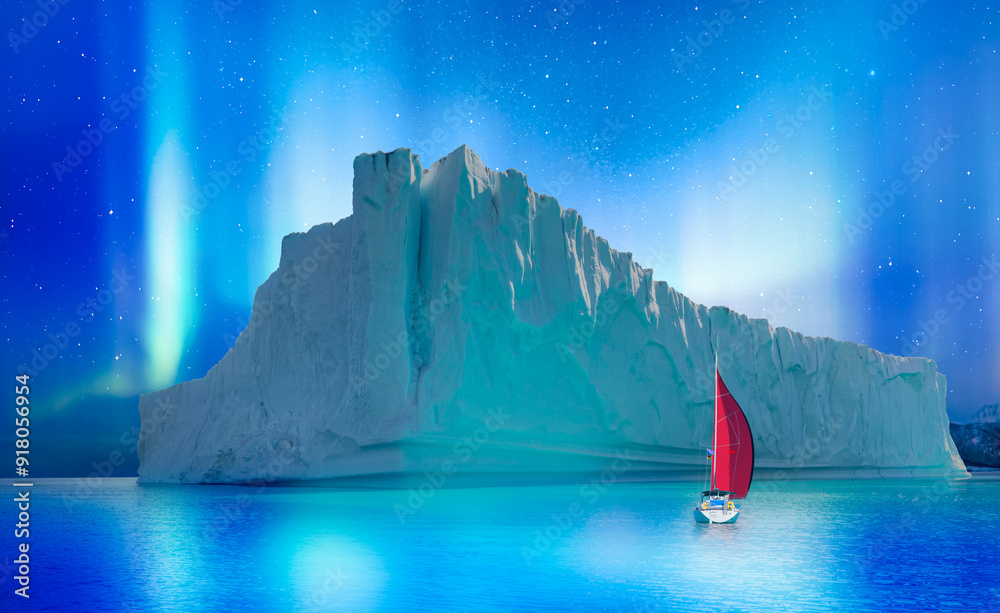 Wall mural iceberg floating in greenland fjord with lone yacht aurora borealis in the background - greenland