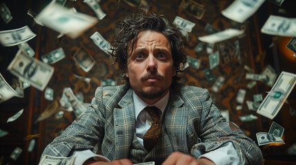 Fototapeta premium Businessman Surrounded by Falling Money in Office