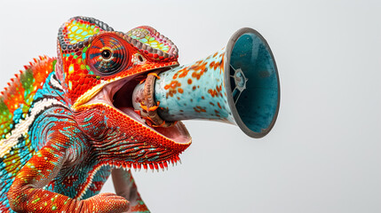 Fototapeta premium Creative Announcement Concept with a Vibrant Chameleon Reptile Using a Megaphone on White Background