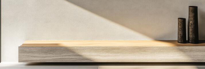 Empty apartment interiors in beige colors with lighting and shadows interplay. Luxury interior design composition with copyspace.