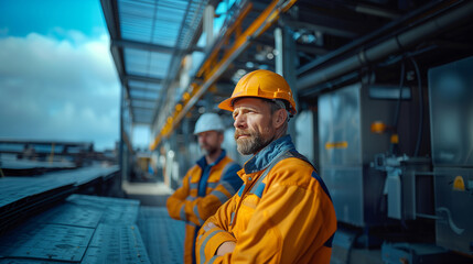 Two Serious Engineer Workers in Hardhats at a Manufactory Factory