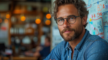 Fototapeta premium Portrait of a middle-aged male professor with glasses looking at the camera