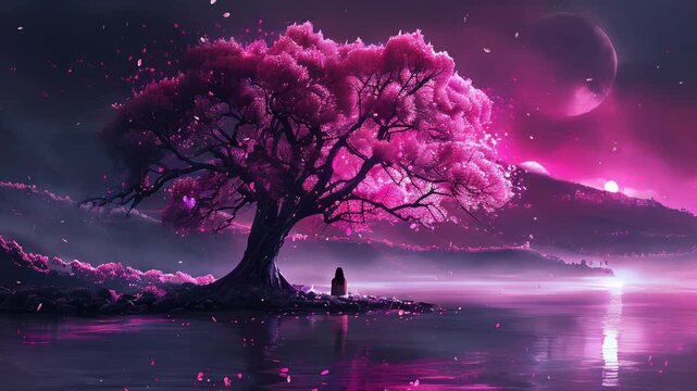 Dreamy landscape of a lone figure sitting under a large pink tree by a calm lake, with a fantasy night sky filled with pink hues. Ideal for fantasy, serenity, or solitude concepts
