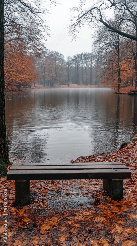 Poster a bench sits on the edge of a lake in autumn