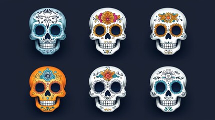 set of sugar skulls with floral ornameticl elements
