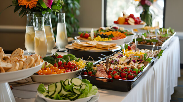 Luxury Snack table ready for event. Food and drink catering. Festively decorated beautiful big table full of food ready for guests.Horizontal color photography. - Powered by Adobe
