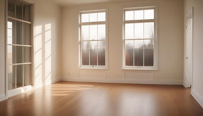 Obraz premium An empty room with hardwood floors, white walls, and large windows letting in natural light