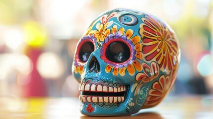 a colorful skull figurin on table