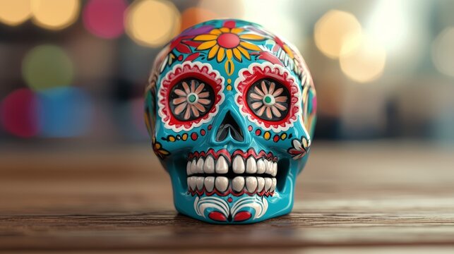 a colorful skull figurin on table