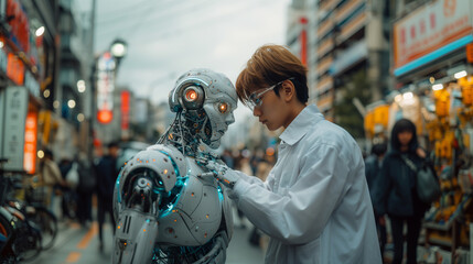 Obraz premium Scientist in lab coat configuring robot systems