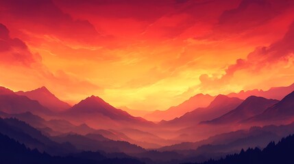 A sky turning orange and red during a dramatic sunset, with silhouettes of mountains in the distance