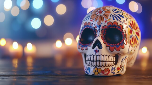 a colorful skull figurin sitting on table
