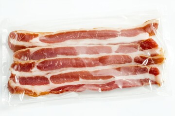 Obraz premium Bacon In Package. Raw Pork Meat Slice in Isolated Vacuum Packaging