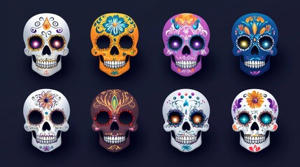 set of sugar skulls with different colors and patterns