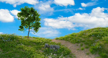 Obraz premium Solitary Tree on Grassy Hill Against Blue Sky. 3D rendering.