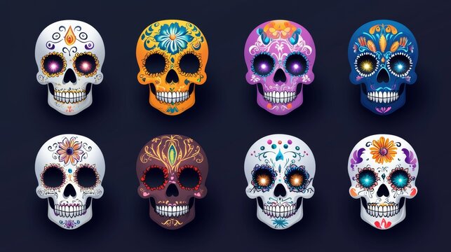 set of sugar skulls with different colors and patterns