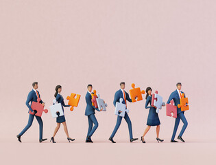 Fototapeta premium Business people walk with puzzle pieces, solving problem, help and advisory concept. 3D rendering