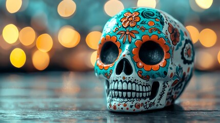 a colorful skull sitting on table