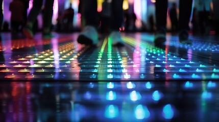 Dance floor with interactive LED panels, vibrant and futuristic party scene