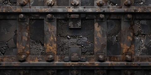 Rusty metal panels with bolts and cracked concrete.