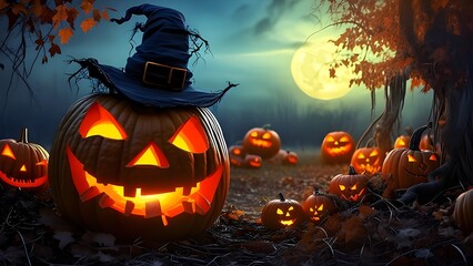 Obraz premium Spooky Pumpkin Patch at Twilight with Glowing Jack-o'-Lanterns and Sinister Scarecrow