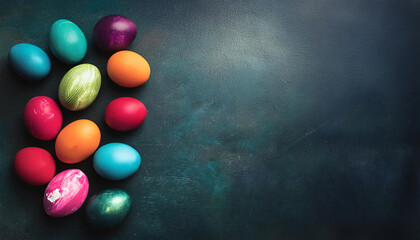 A set of colorful easter-eggs against a dark chalkboard. Copy space.