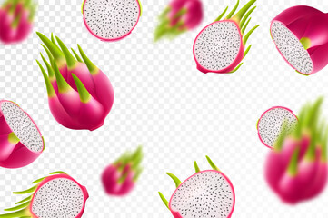 Flying ripe pitaya or pitahaya. Bright advertising background. Falling dragon fruit, realistic illustration with blurred effect. 3d vector design for advertising banners and web page design