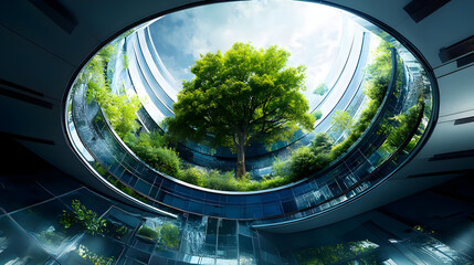 A large tree grows inside a modern building's circular atrium.
