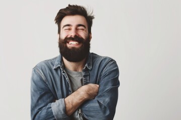 Obraz premium man with a beard hugs himself, this symbolizes self care