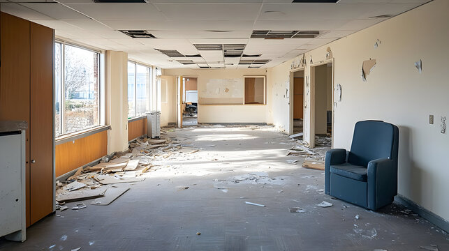 Abandoned office with debris and a lone chair.