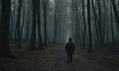 A solitary figure is seen walking down a misty forest path, shrouded in fog, and surrounded by tall, leafless trees in an eerie and mysterious atmosphere.